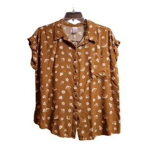 Nobo blouse light brown rolled sleeve buttons mushroom flower print XXXL 21
